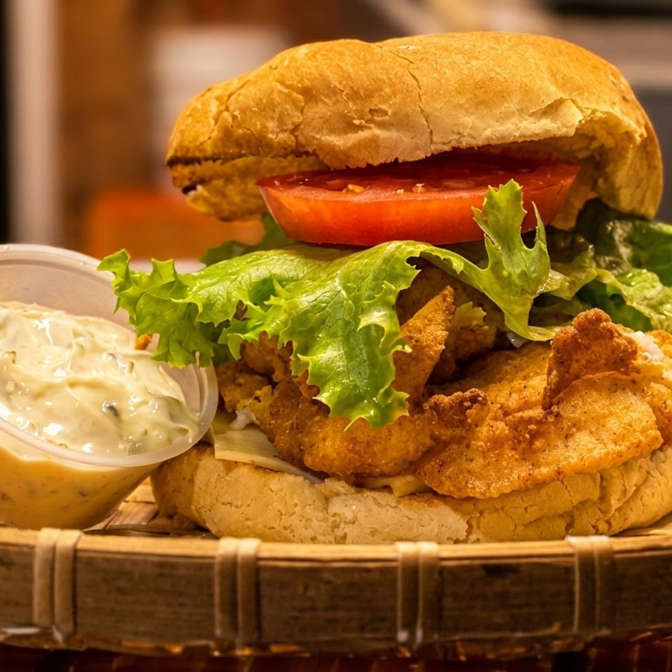 A fried fish sandwich with lettuce and tomato, served with fries and tartar sauce on a woven tray.