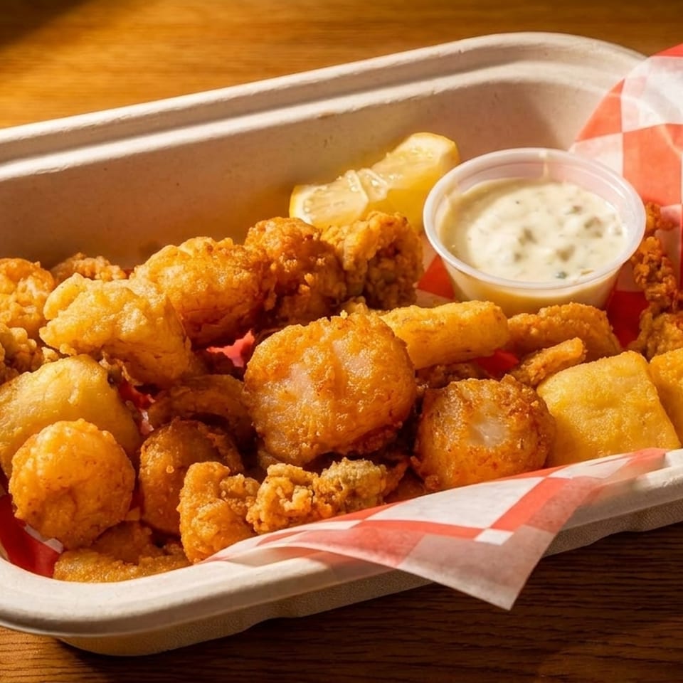 Fried seafood platter with scallops, clams, and hushpuppies, served with tartar sauce and lemon.