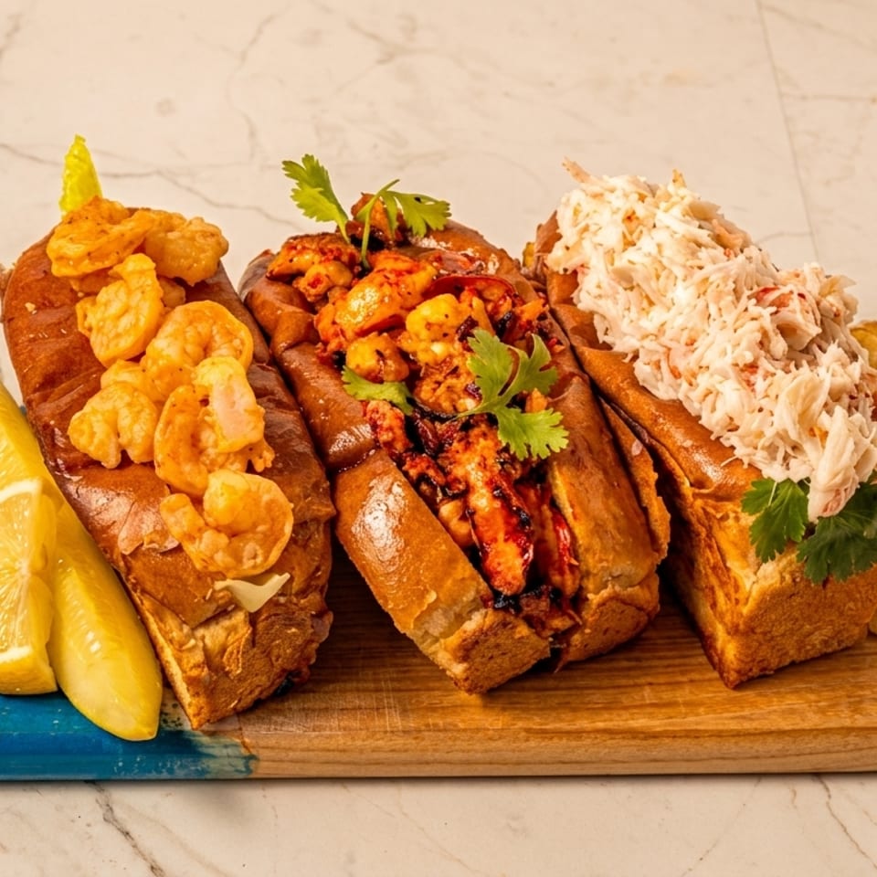 Three seafood rolls: shrimp, spicy shrimp, and crab, with chips, lemon, and sauce on a board.